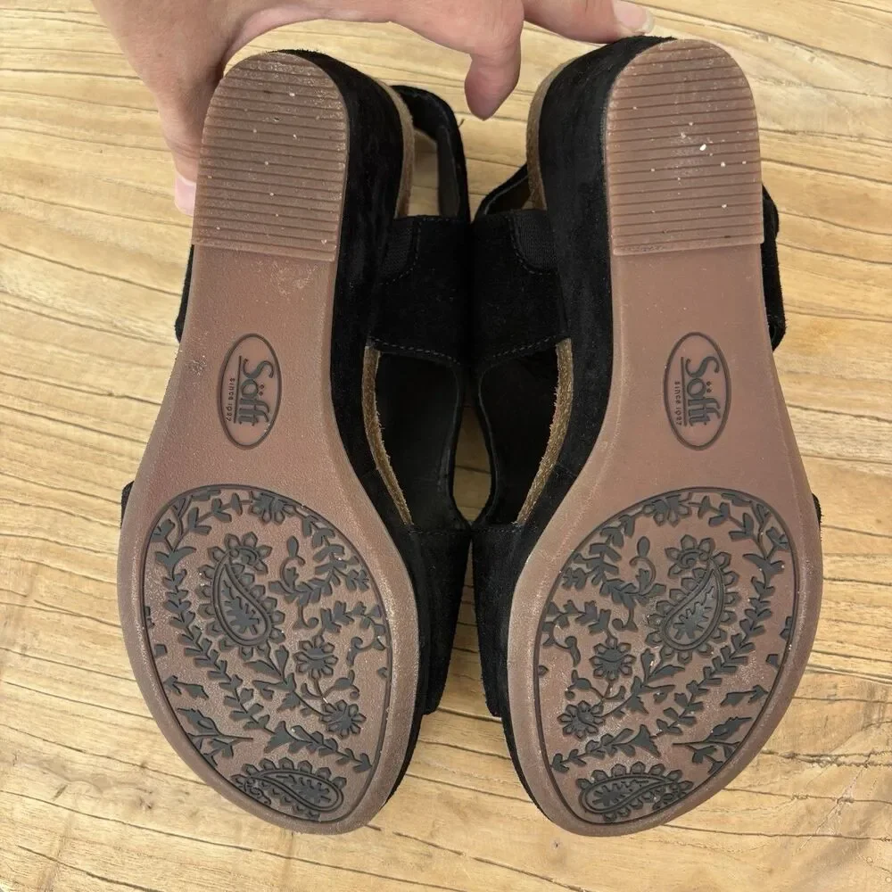Sofft Leather Suede Wedge Sandals Black 9 Open Toe Capsule Comfort Casual Chloee